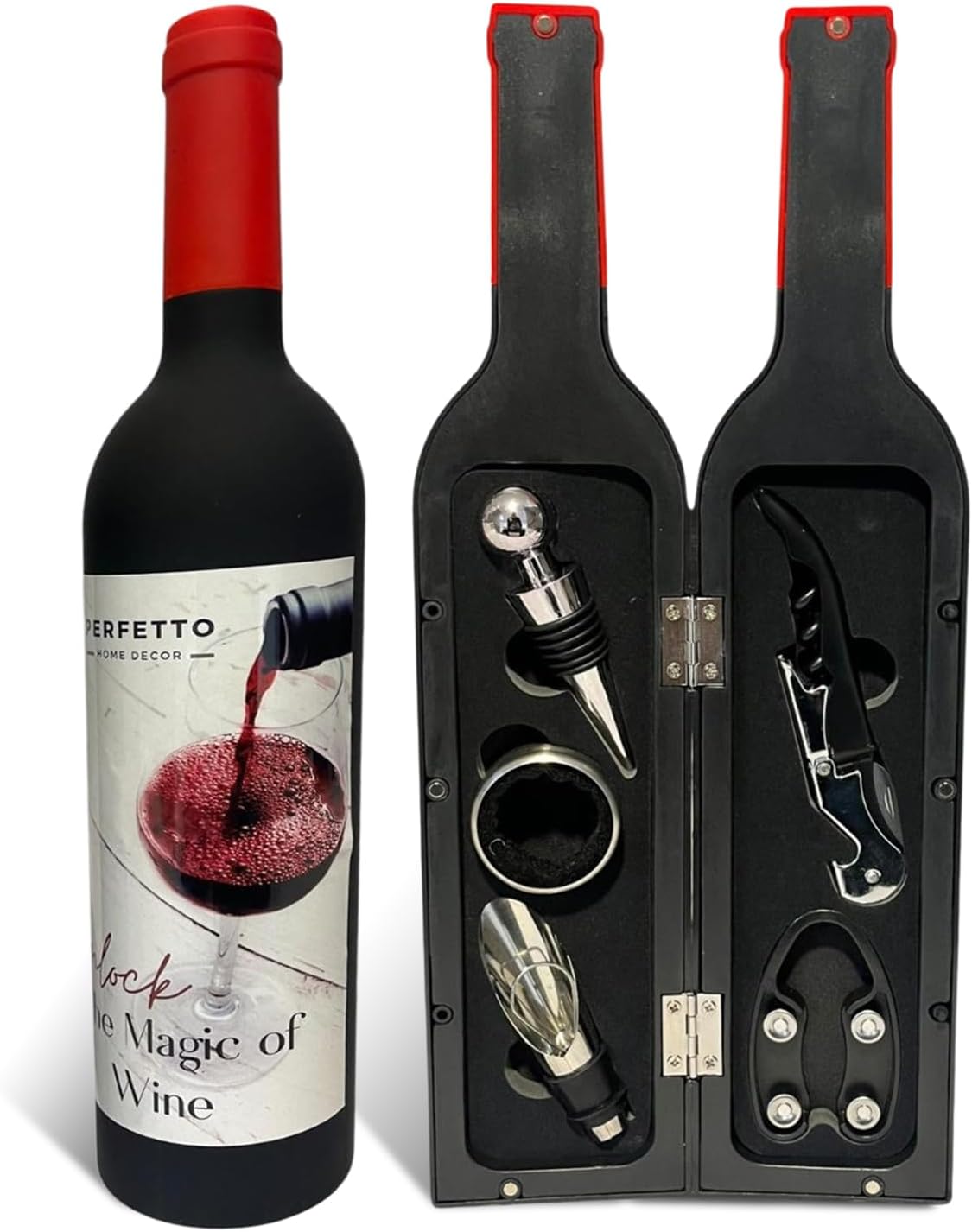 Wine Opener Set - 5 Pcs Wine Accessories Corkscrew Opener Kit Drip Ring Foil Cutter Wine Pourer and Stopper in Bottle Shaped Case