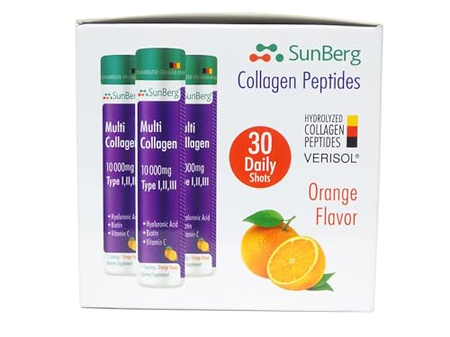 Sunberg Collagen HALAL Liquid Shots - 10000mg Collagen Supplement Type I,II,III Hyaluronic Acid Vitamin C Biotin - High Strength Orange Flavour Collagen Drink - 30 Daily Shots, 1 Month Supply