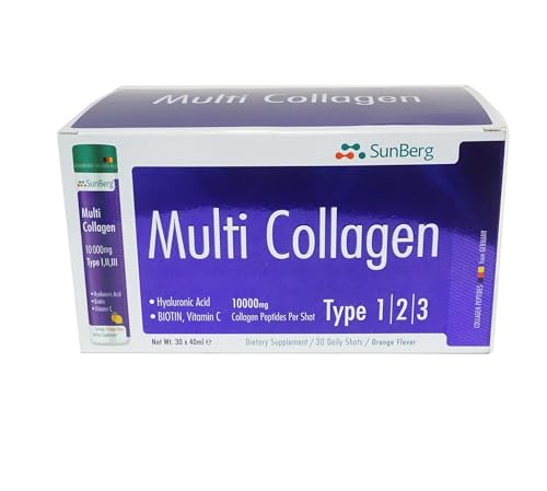 Sunberg Collagen HALAL Liquid Shots - 10000mg Collagen Supplement Type I,II,III Hyaluronic Acid Vitamin C Biotin - High Strength Orange Flavour Collagen Drink - 30 Daily Shots, 1 Month Supply