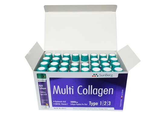 Sunberg Collagen HALAL Liquid Shots - 10000mg Collagen Supplement Type I,II,III Hyaluronic Acid Vitamin C Biotin - High Strength Orange Flavour Collagen Drink - 30 Daily Shots, 1 Month Supply