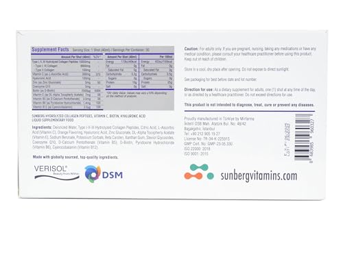 Sunberg Collagen HALAL Liquid Shots - 10000mg Collagen Supplement Type I,II,III Hyaluronic Acid Vitamin C Biotin - High Strength Orange Flavour Collagen Drink - 30 Daily Shots, 1 Month Supply