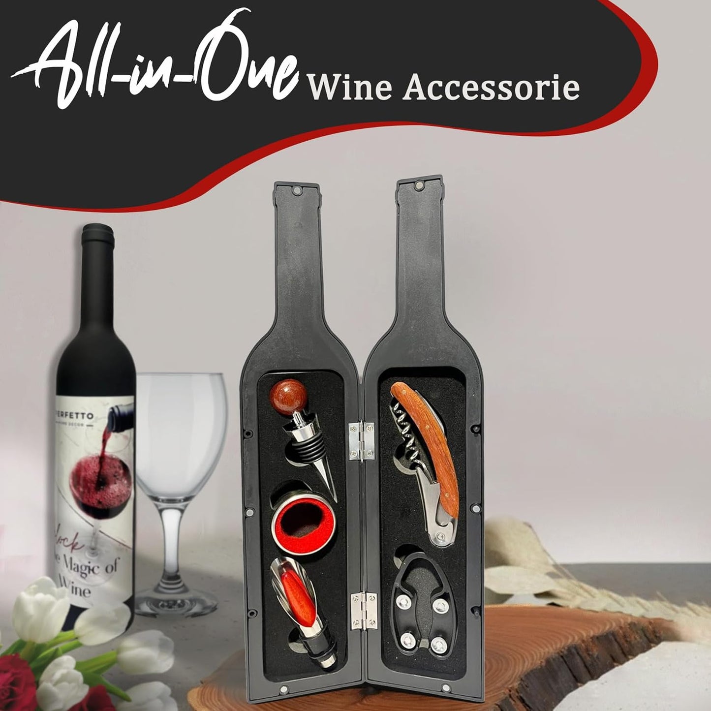 Wine Opener Set - 5 Pcs Wine Accessories Corkscrew Opener Kit Drip Ring Foil Cutter Wine Pourer and Stopper in Bottle Shaped Case