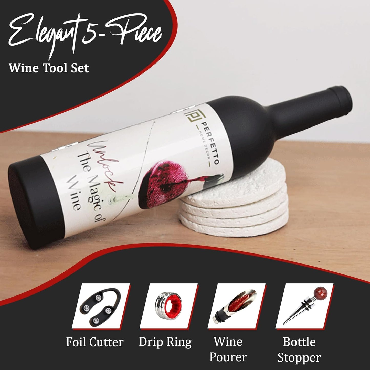 Wine Opener Set - 5 Pcs Wine Accessories Corkscrew Opener Kit Drip Ring Foil Cutter Wine Pourer and Stopper in Bottle Shaped Case