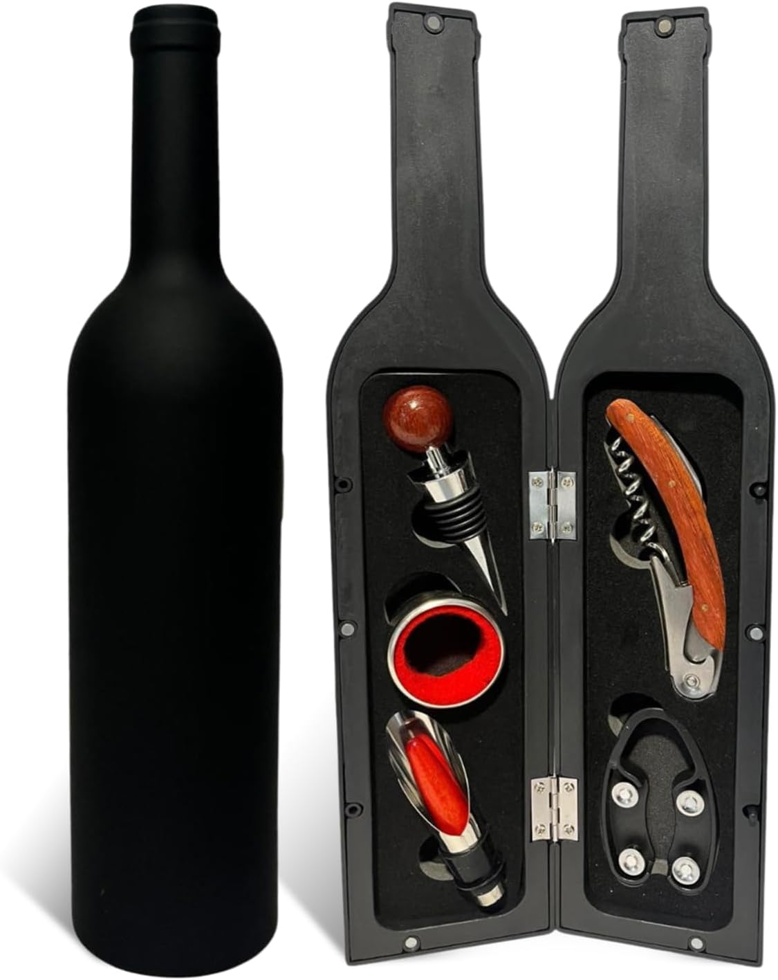 Wine Opener Set - 5 Pcs Wine Accessories Corkscrew Opener Kit Drip Ring Foil Cutter Wine Pourer and Stopper in Bottle Shaped Case